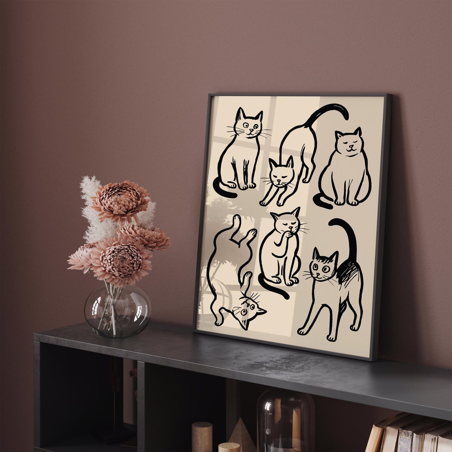 Six Funny Cats Poster - Black Ink Sketch Wall Art Print