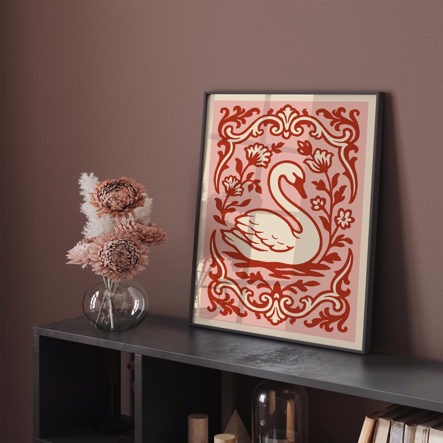 Rococo Swan Poster – Pink Red Vintage Wall Art