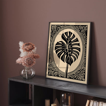 Black Victorian Style Monstera Leaf Wall Art Print
