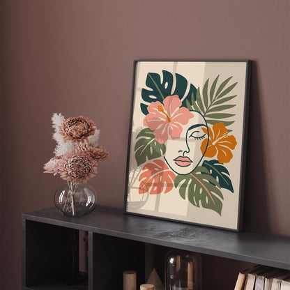 Line Art Woman Face in Tropical Leaves Poster