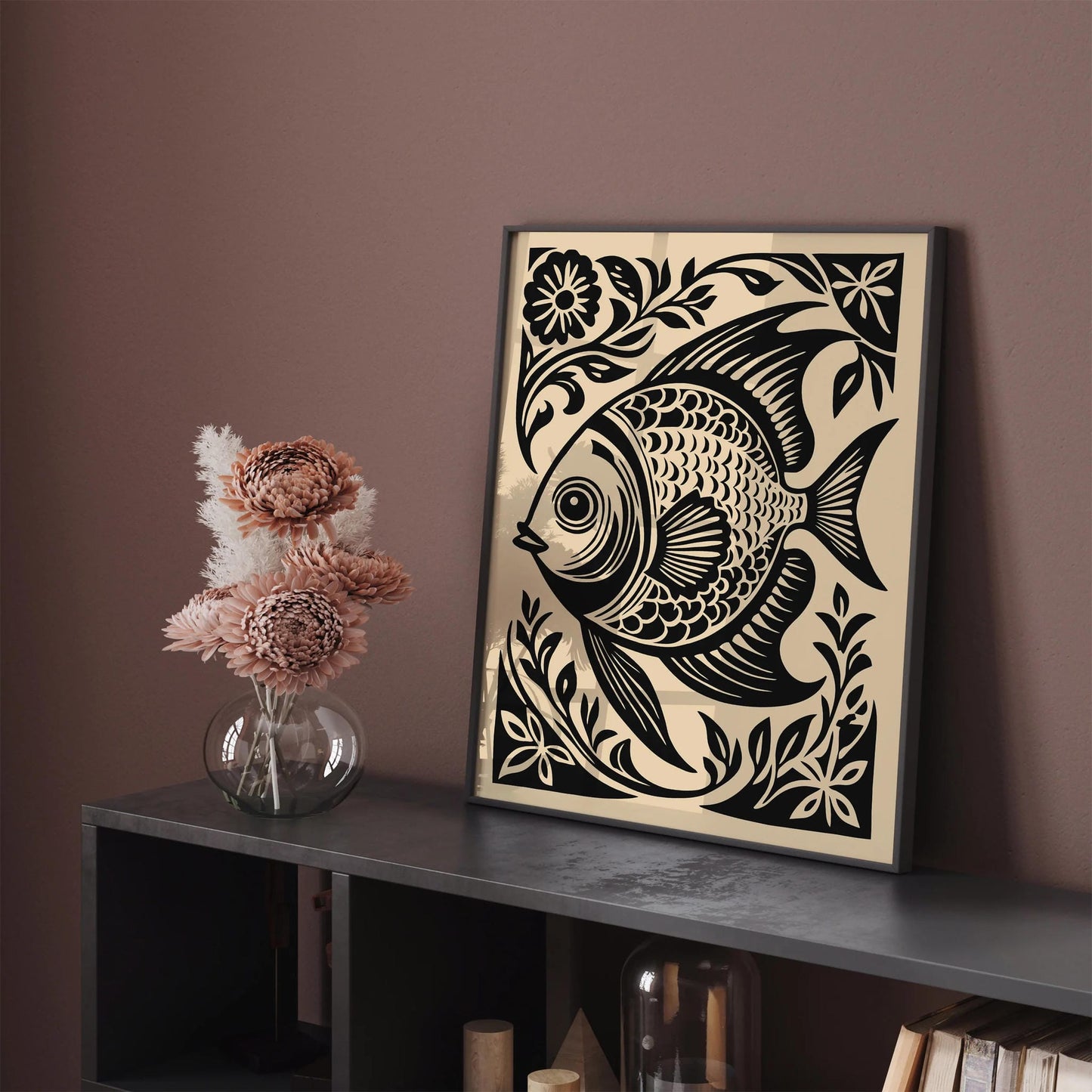 Black Woodcut Style Fish Art Print – Nautical Wall Decor
