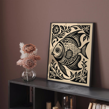 Black Woodcut Style Fish Art Print – Nautical Wall Decor