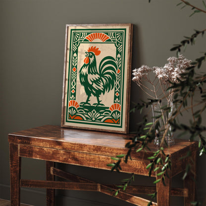 Green Rooster Art Deco Wall Art Print – Kitchen Decor