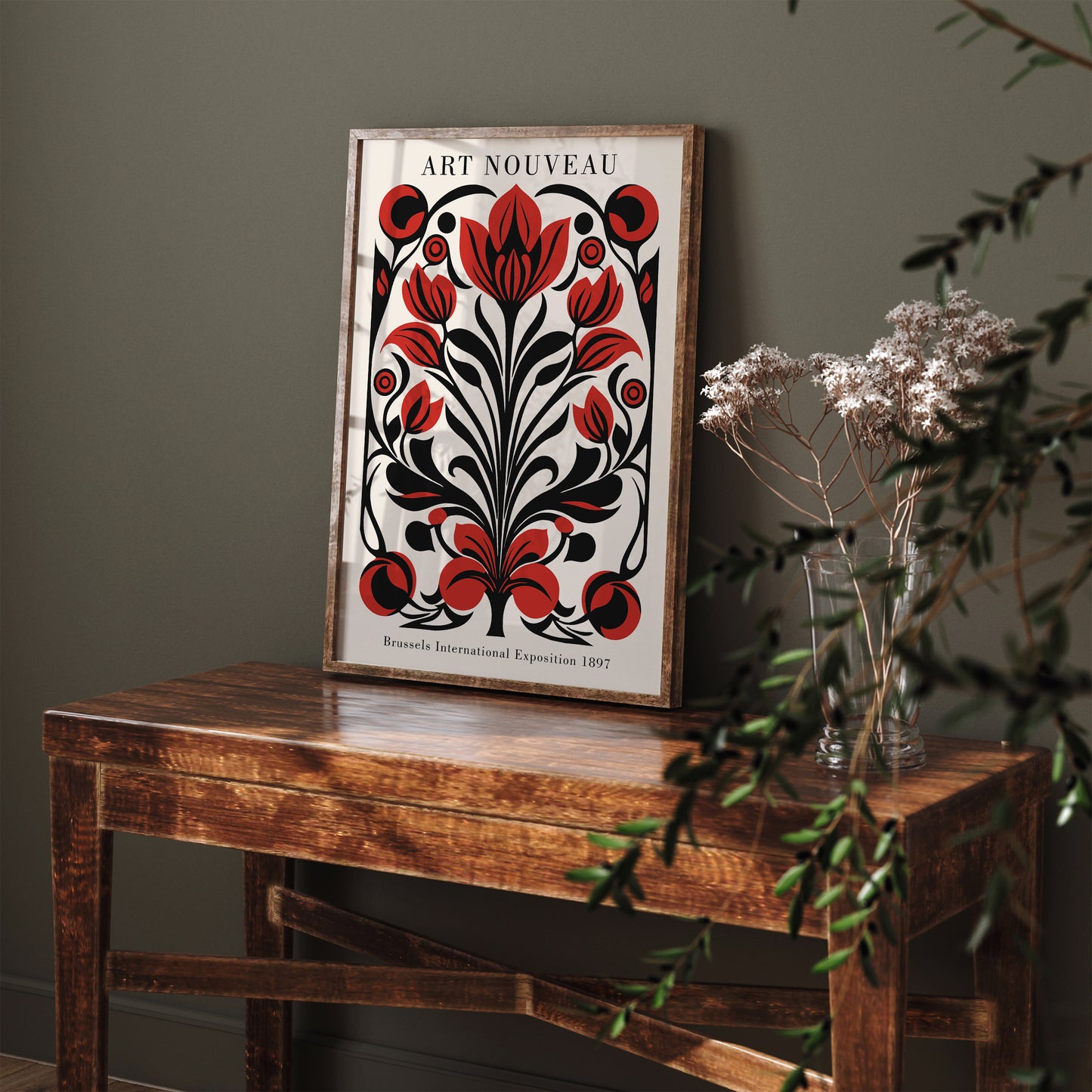 Art Nouveau Red Botanical Wall Art