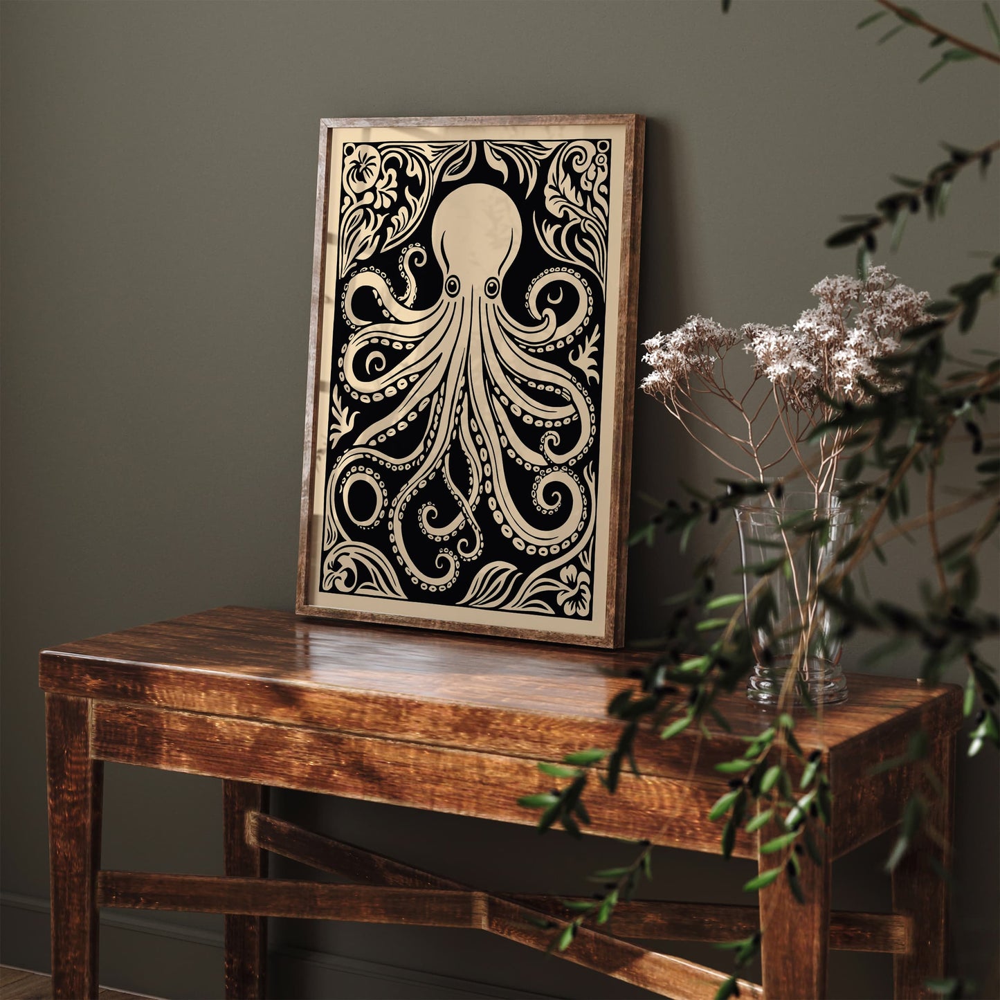 Octopus Rococo Style Black Animal Art Print