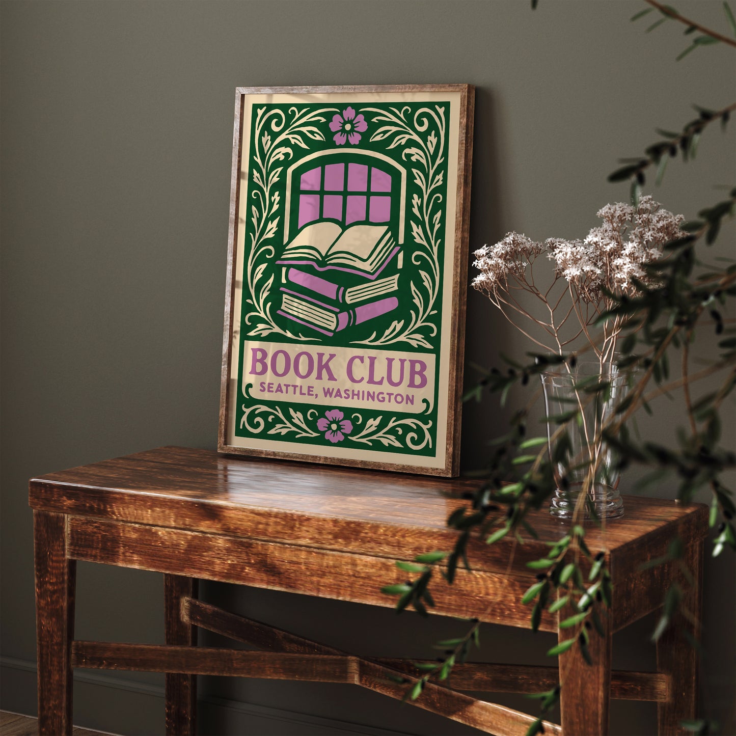Book Club Seattle Poster - Floral Wall Art for Book Lovers