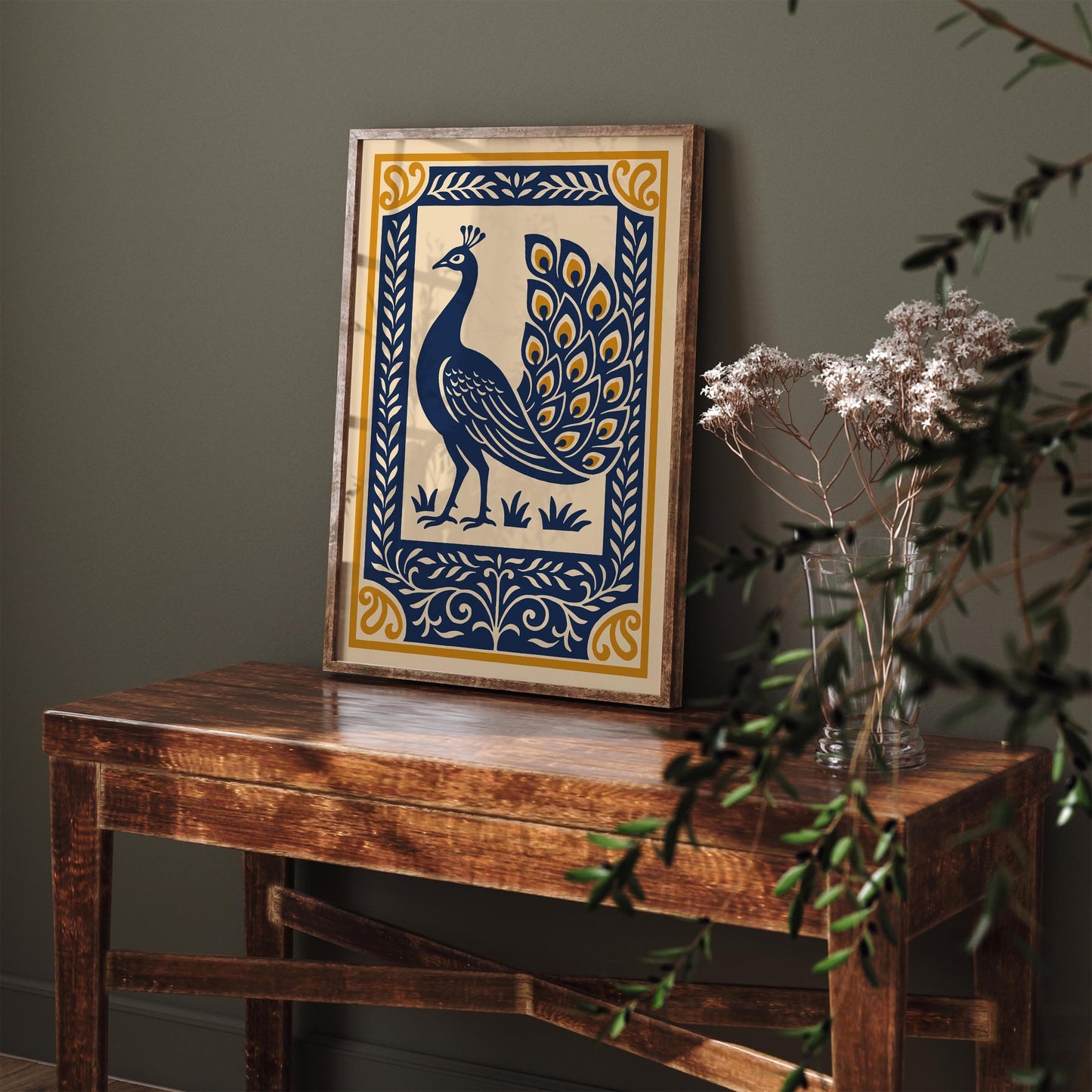 Navy Blue Peacock Art Print – Elegant Rococo Style Wall Art