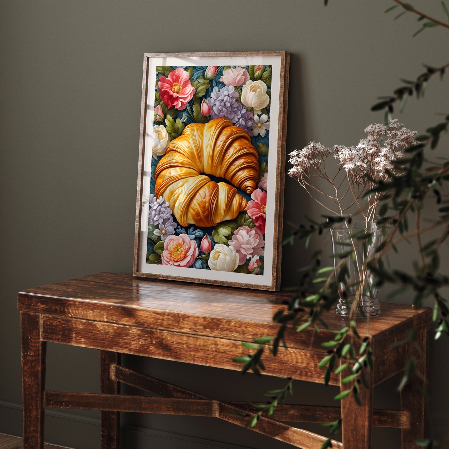 Croissant in Flowers Art Print Cafe Decor