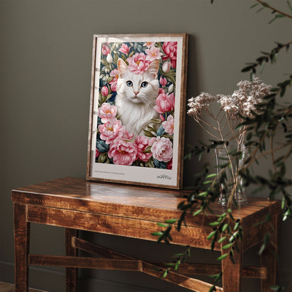 Cat in Pink Flowers Cute Art Print