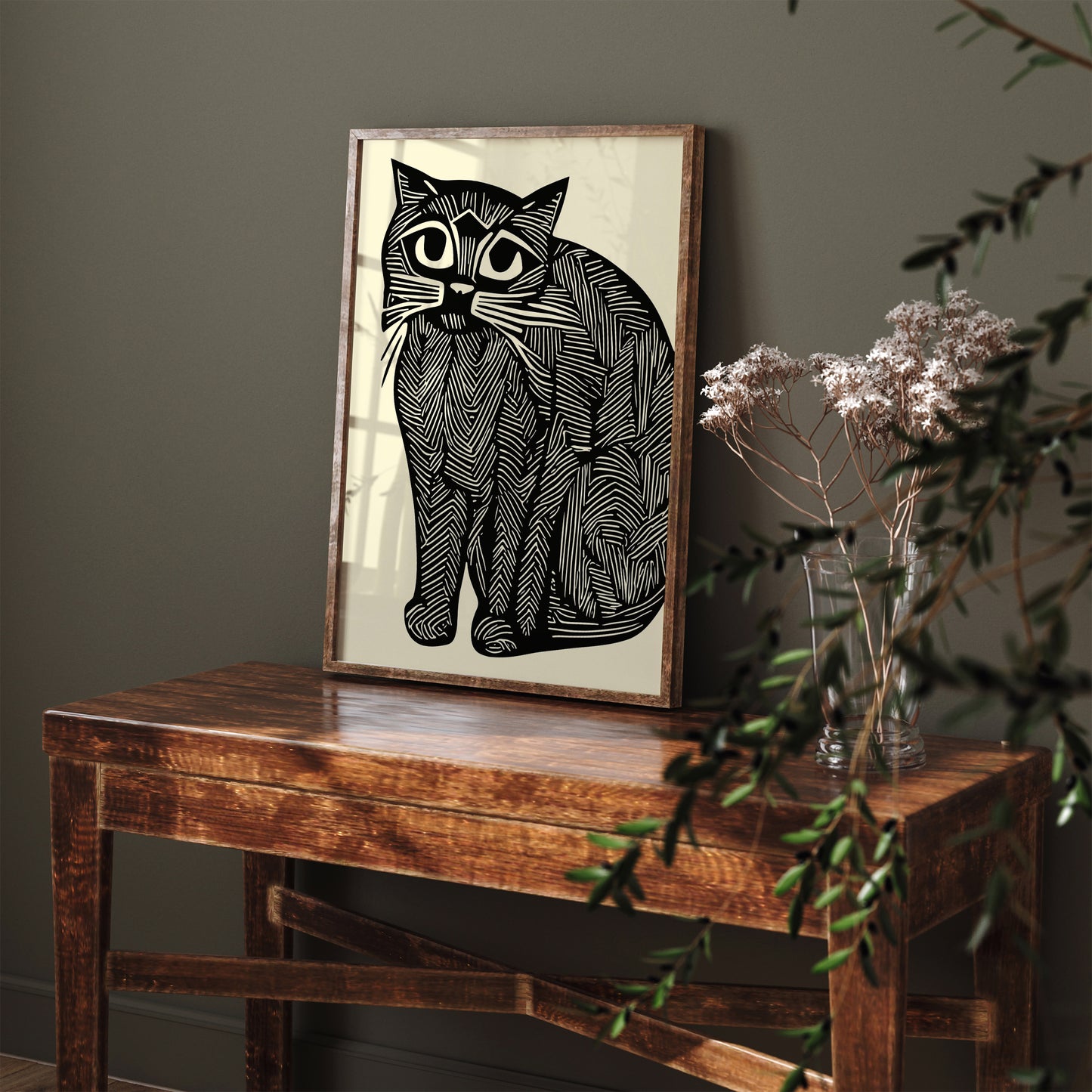 Linocut Chubby Cat Wall Art Print