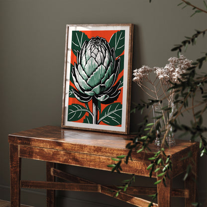 Retro Red Green Artichoke Linocut Print