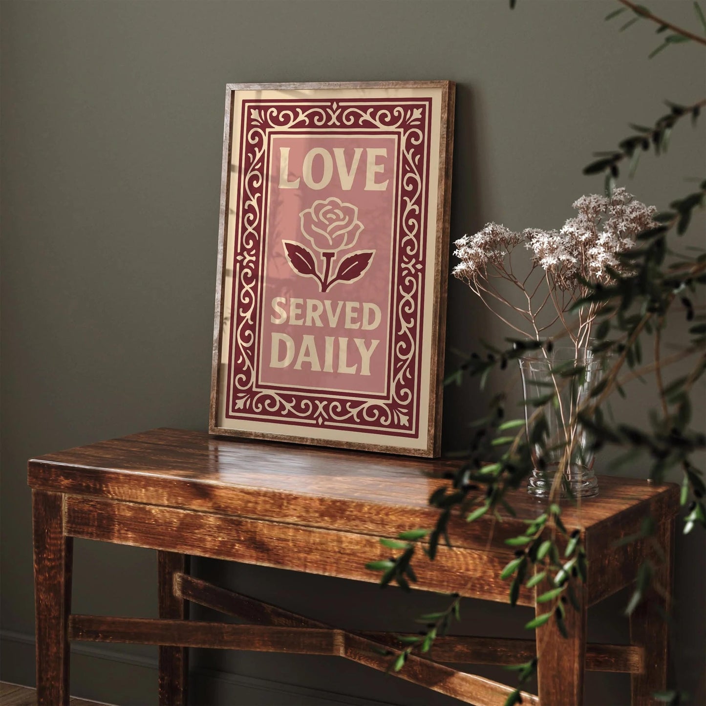 Love Served Daily Poster, Pink Quote Kitchen Print