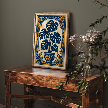 Blue Monstera Plant Art Print - Rococo Revival Style