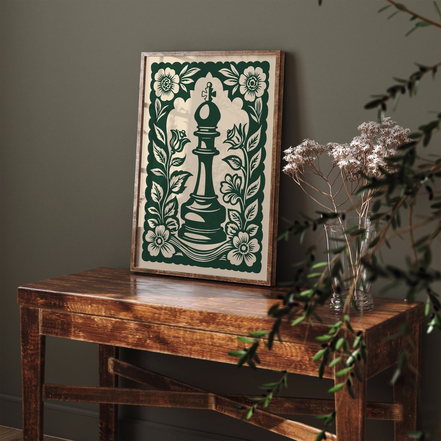 Green Linocut Chess Piece Poster