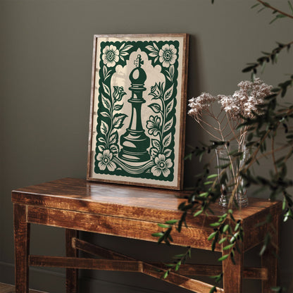 Green Linocut Chess Piece Poster