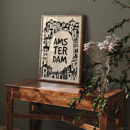 Amsterdam Black Ink Style Architecture Art Print