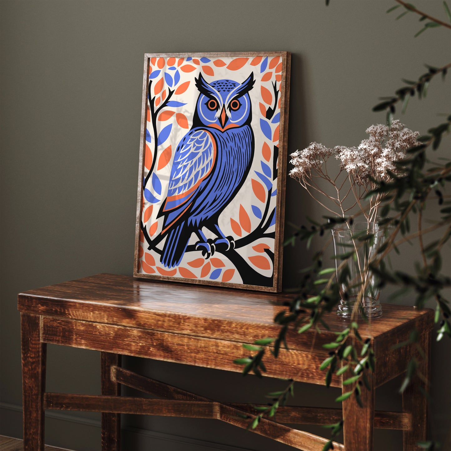 Cute Owl Bird in Purple and Orange Colors Art Print