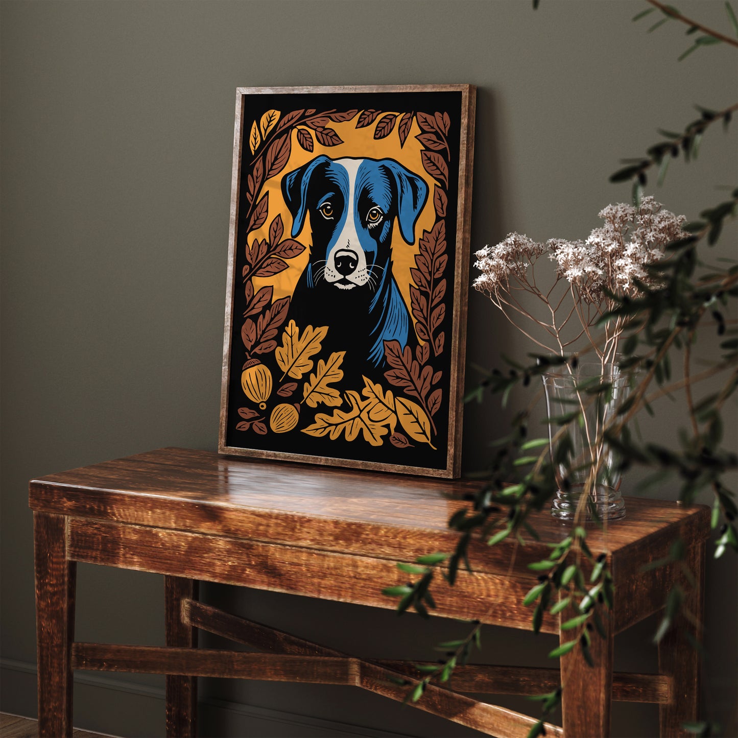 Dog in Fall Leaves Art Print