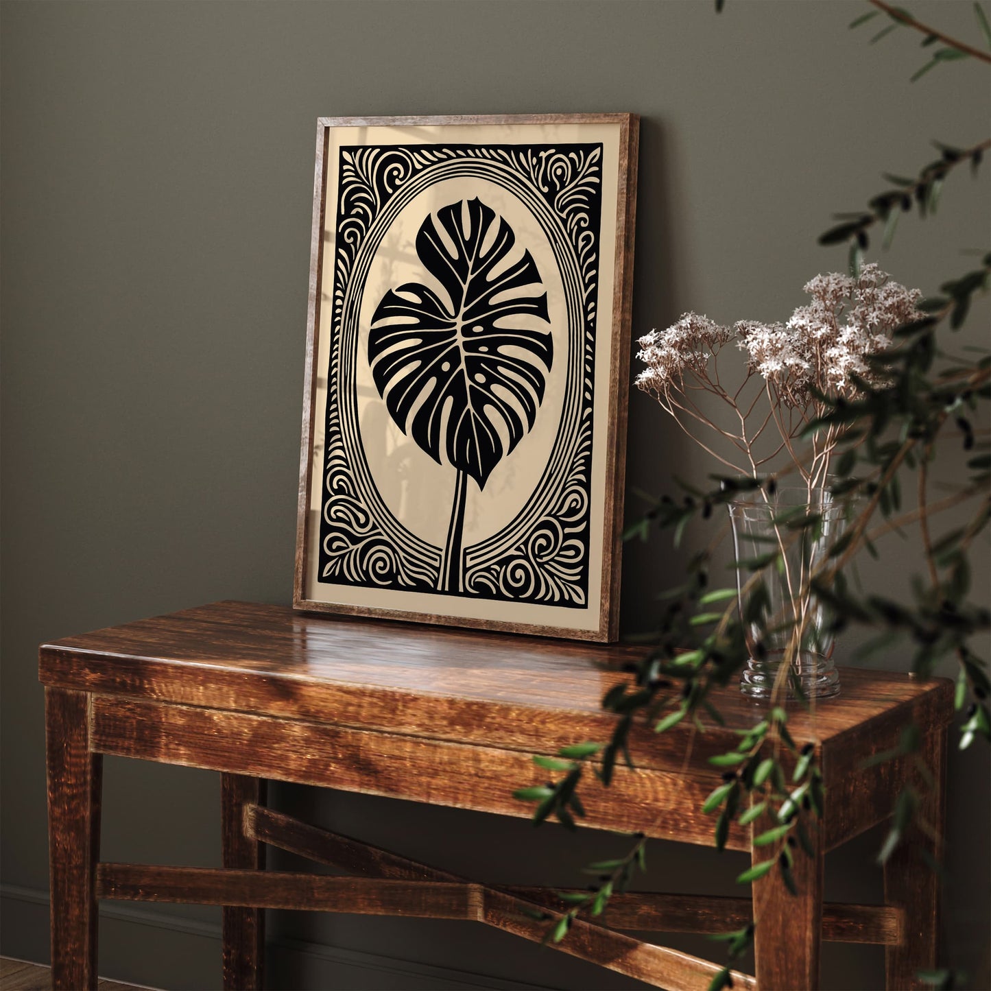 Black Victorian Style Monstera Leaf Wall Art Print