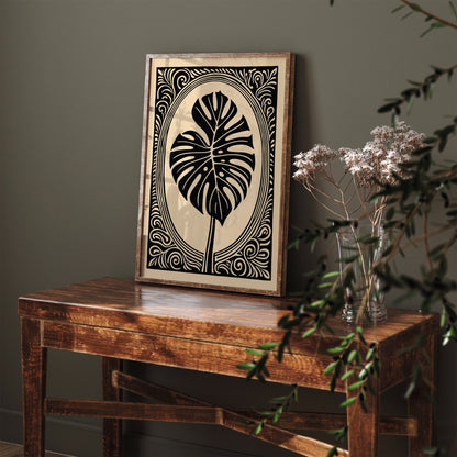 Black Victorian Style Monstera Leaf Wall Art Print