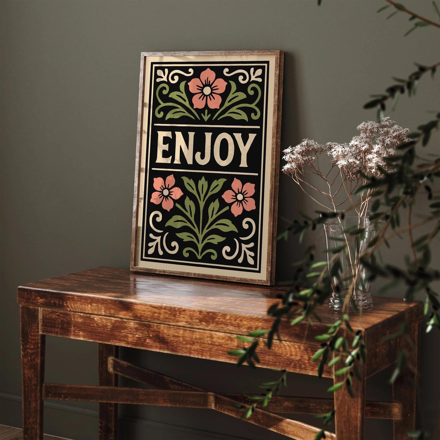 Enjoy Quote Poster, Black Rococo Floral Art Print