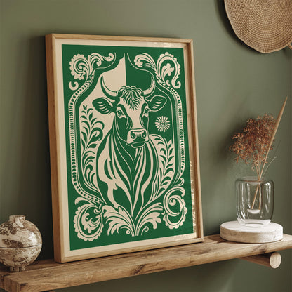 Linocut Cow Poster - Green Farmhouse Kitchen Wall Art