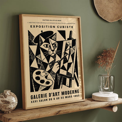 Cat Painter Poster – Vintage Cubism Exhibition Wall Art Print