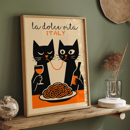 La Dolce Vita Poster - Two Funny Cat Eating Spaghetti Print