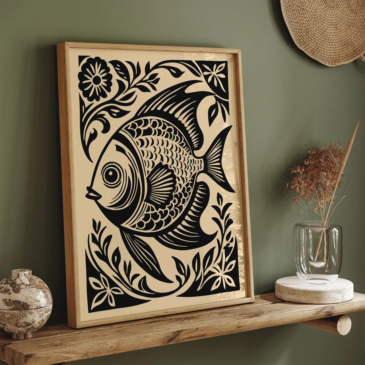 Black Woodcut Style Fish Art Print – Nautical Wall Decor
