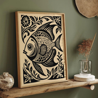 Black Woodcut Style Fish Art Print – Nautical Wall Decor