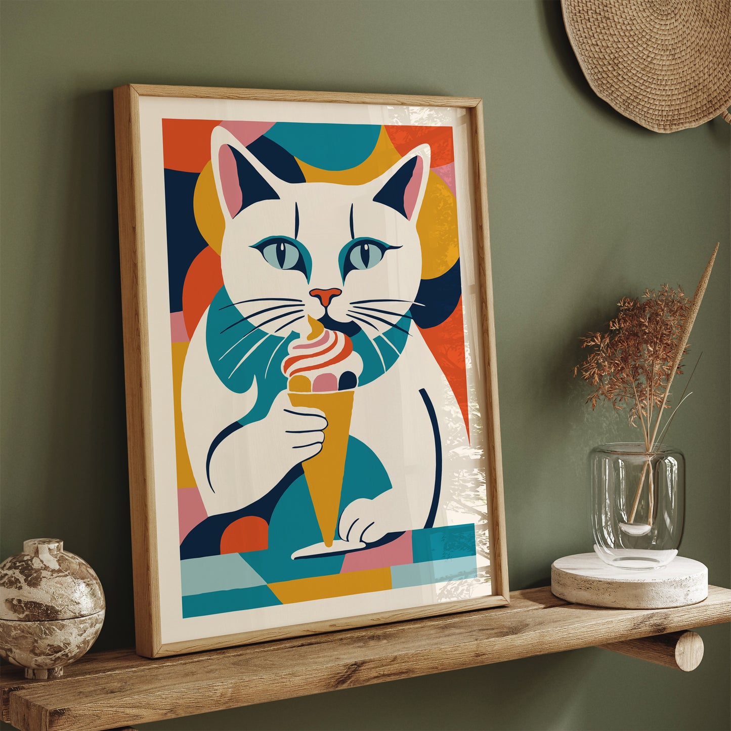 Cat with Ice Cream Poster Kids Room Wall Art