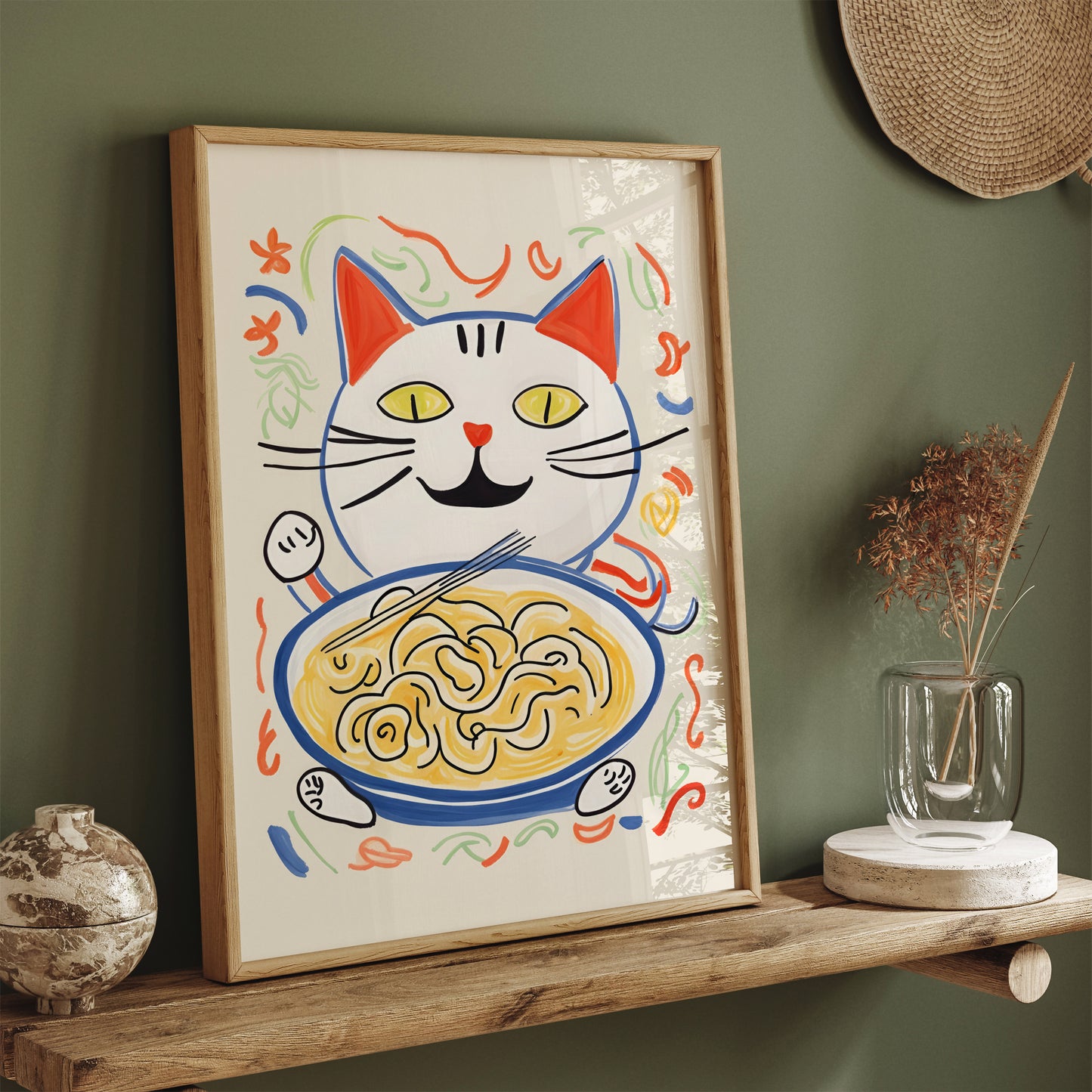 Cute Cat Eating Noodles Art Poster