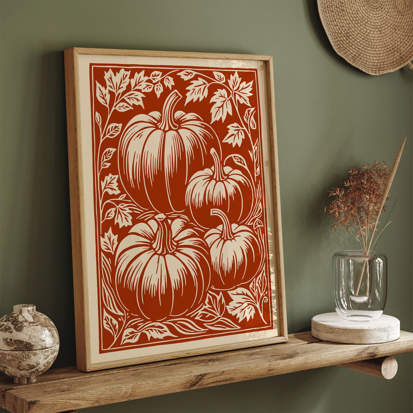 Pumpkins Linocut Vintage Art Print