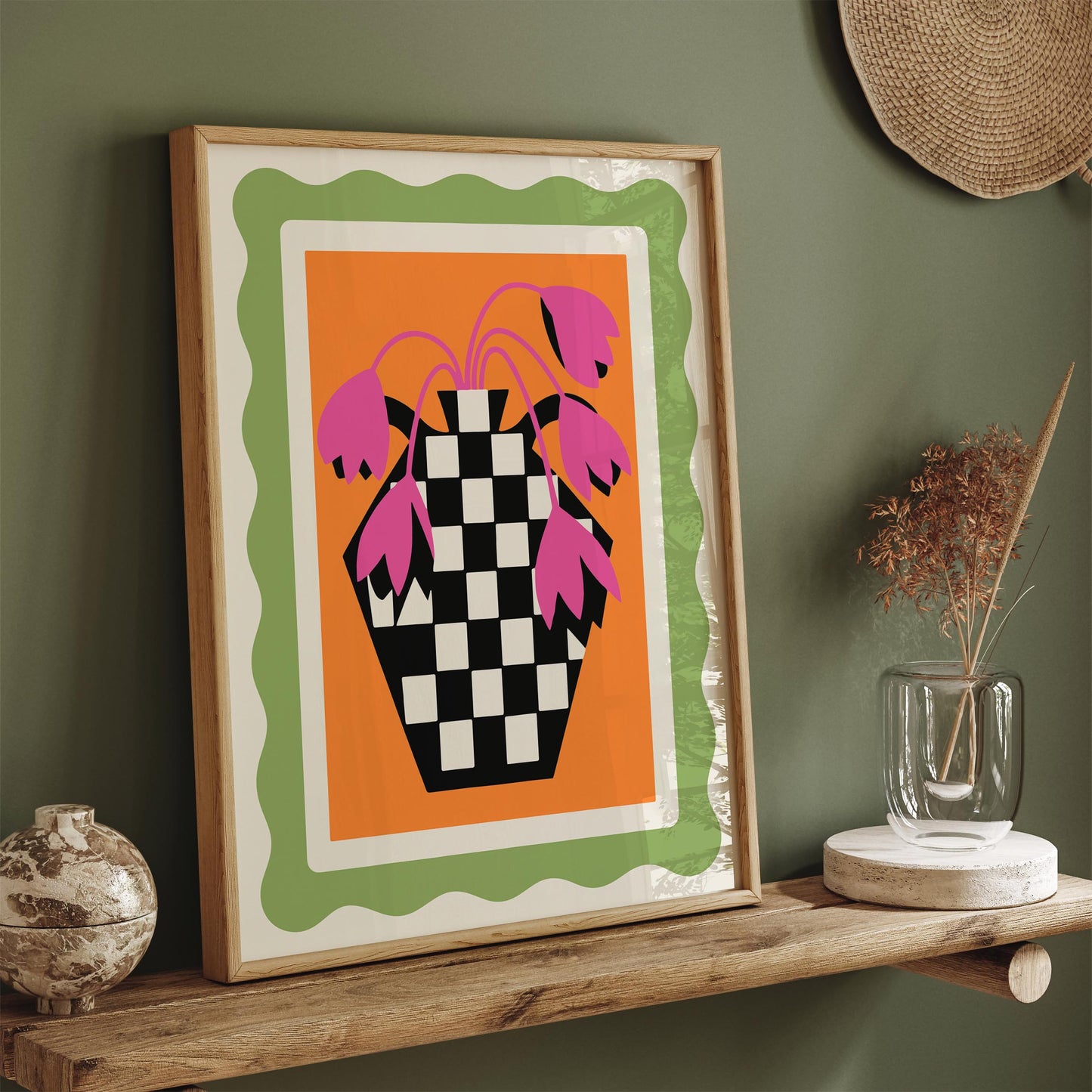 Retro Tulips Poster - Pink Floral Checkerboard Wall Art