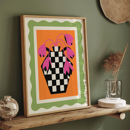 Retro Tulips Poster - Pink Floral Checkerboard Wall Art