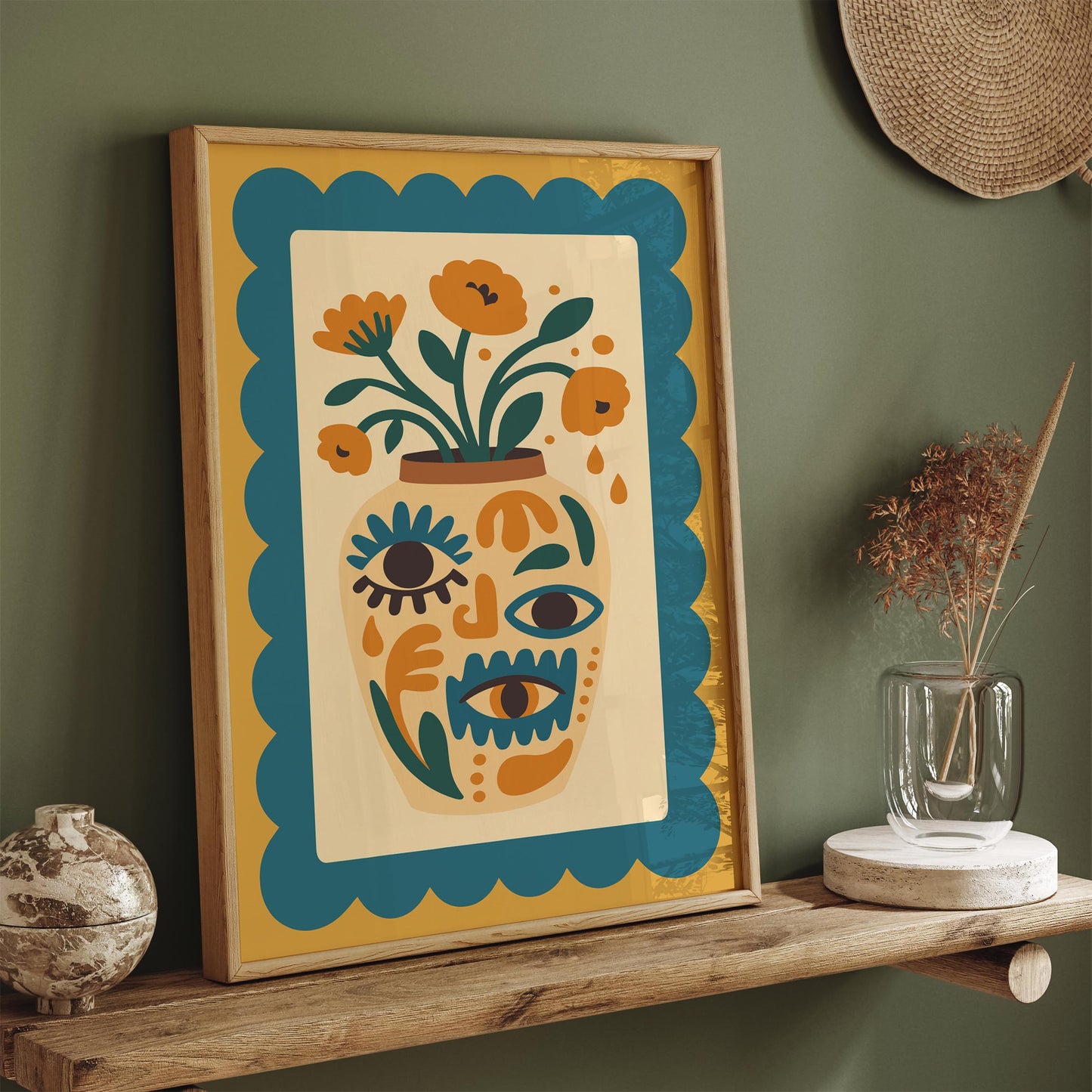 Boho Floral Vase with Eyes – Retro Wall Art
