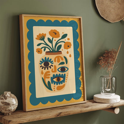 Boho Floral Vase with Eyes – Retro Wall Art