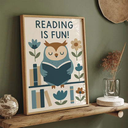 Reading is Fun! Poster - Blue Owl Art Print