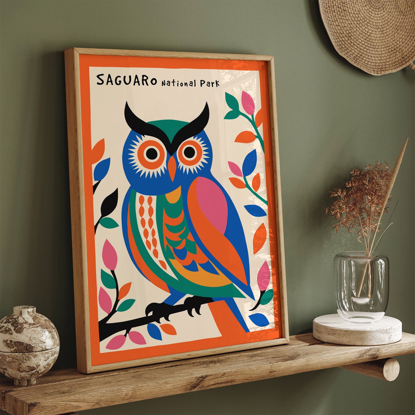 Saguaro National Park Colorful Poster with Cute Owl