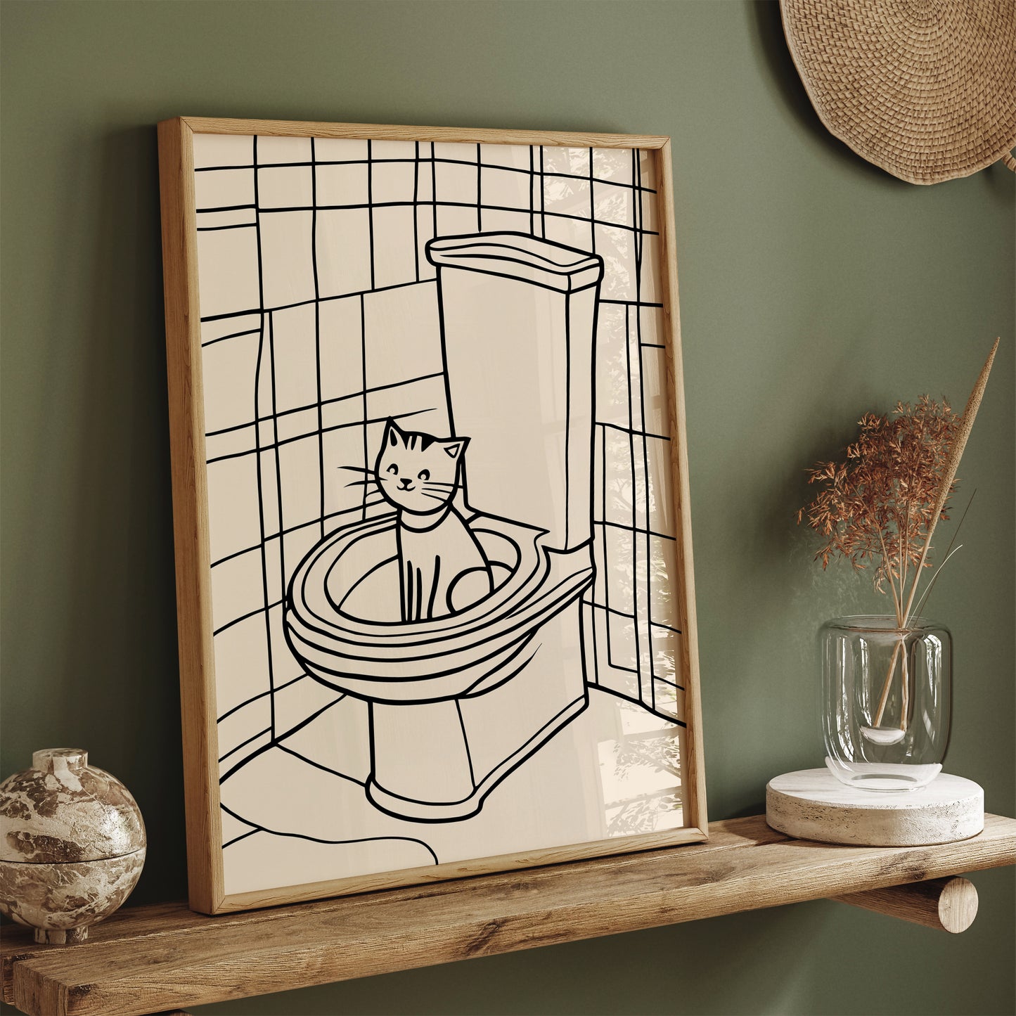 Cat on Toilet - Funny Line Art Print