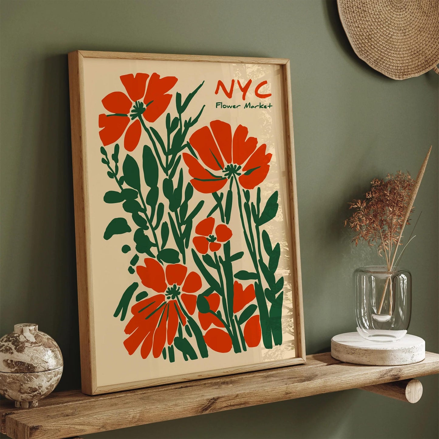 NYC Flower Market Wall Art – Red & Green Floral Poster Print