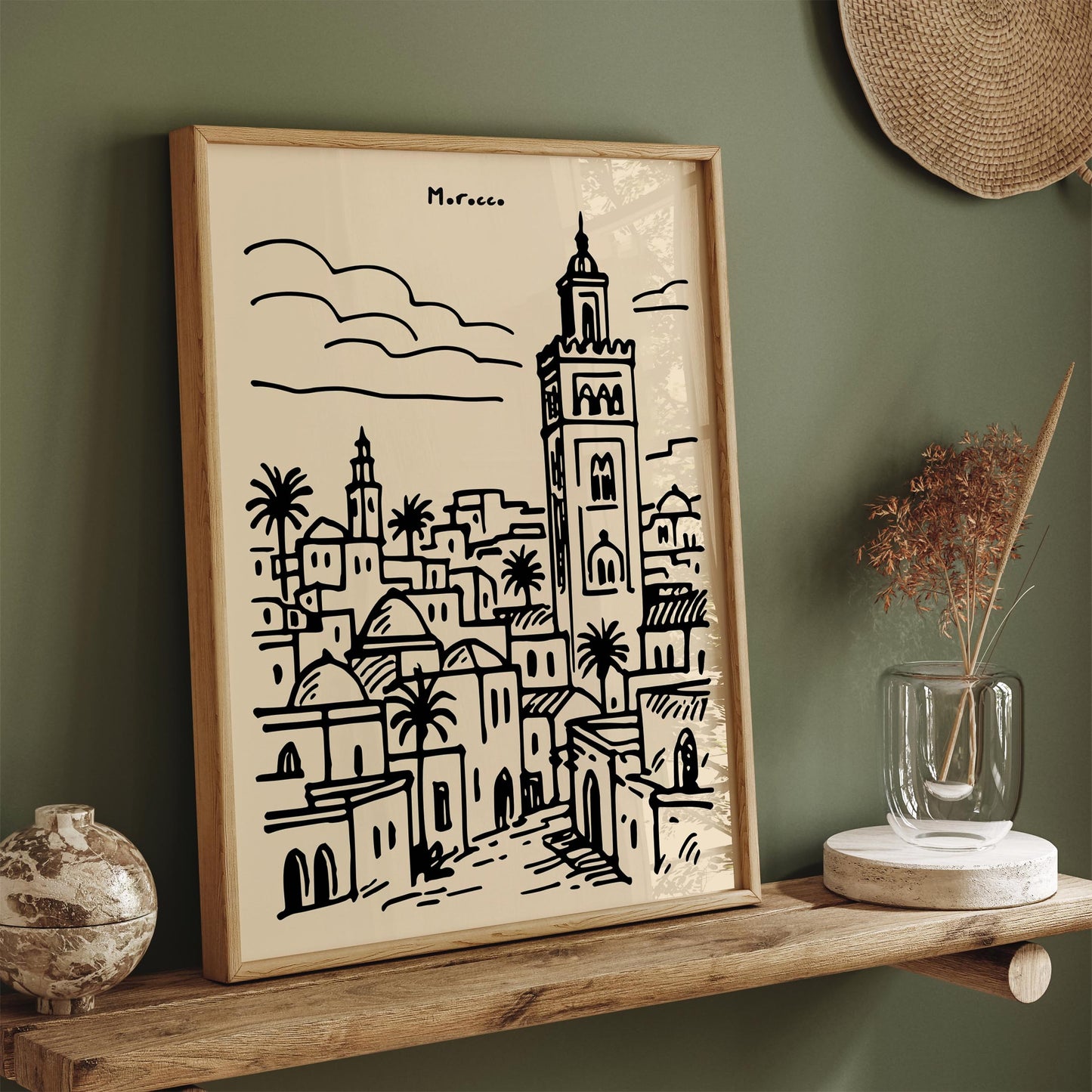 Morocco Travel Poster - Black Ink Style Wall Art