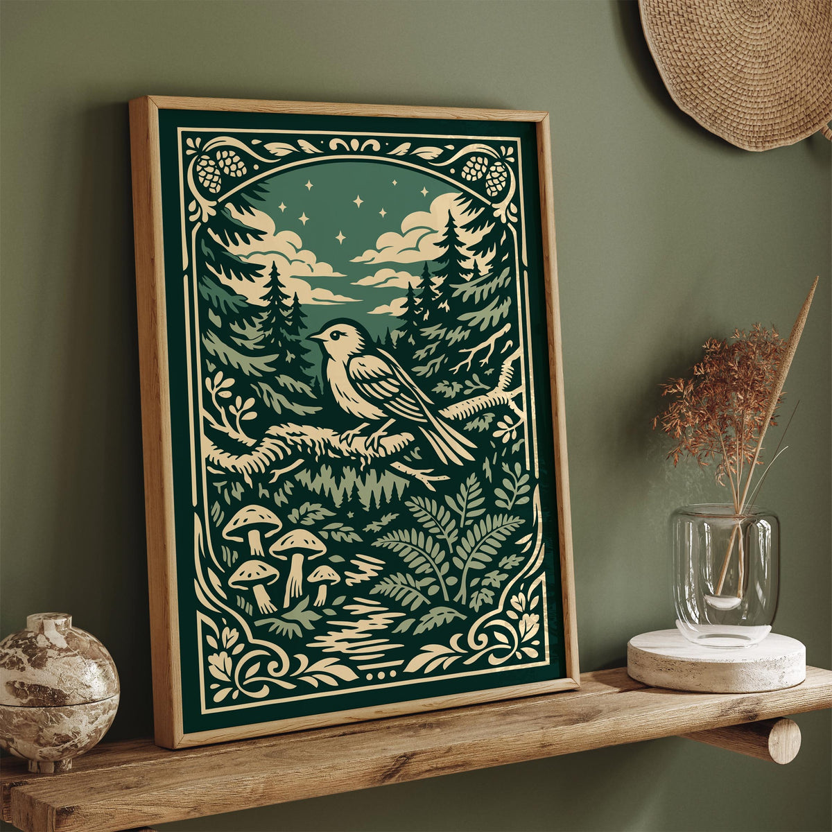 Night Forest Bird Art Poster