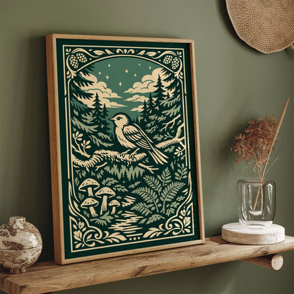 Night Forest Bird Art Poster