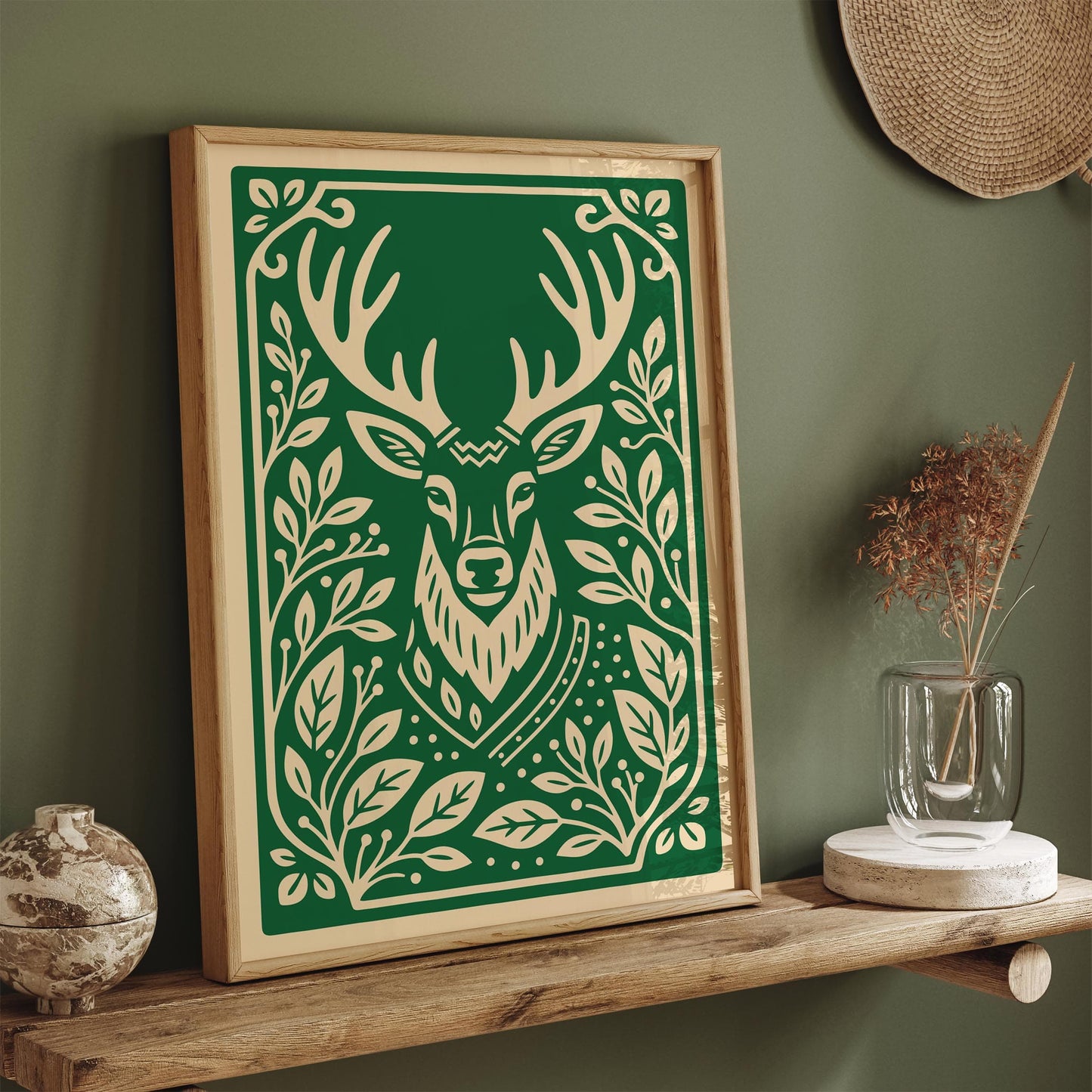 Reindeer Christmas Poster - Green Holiday Wall Art