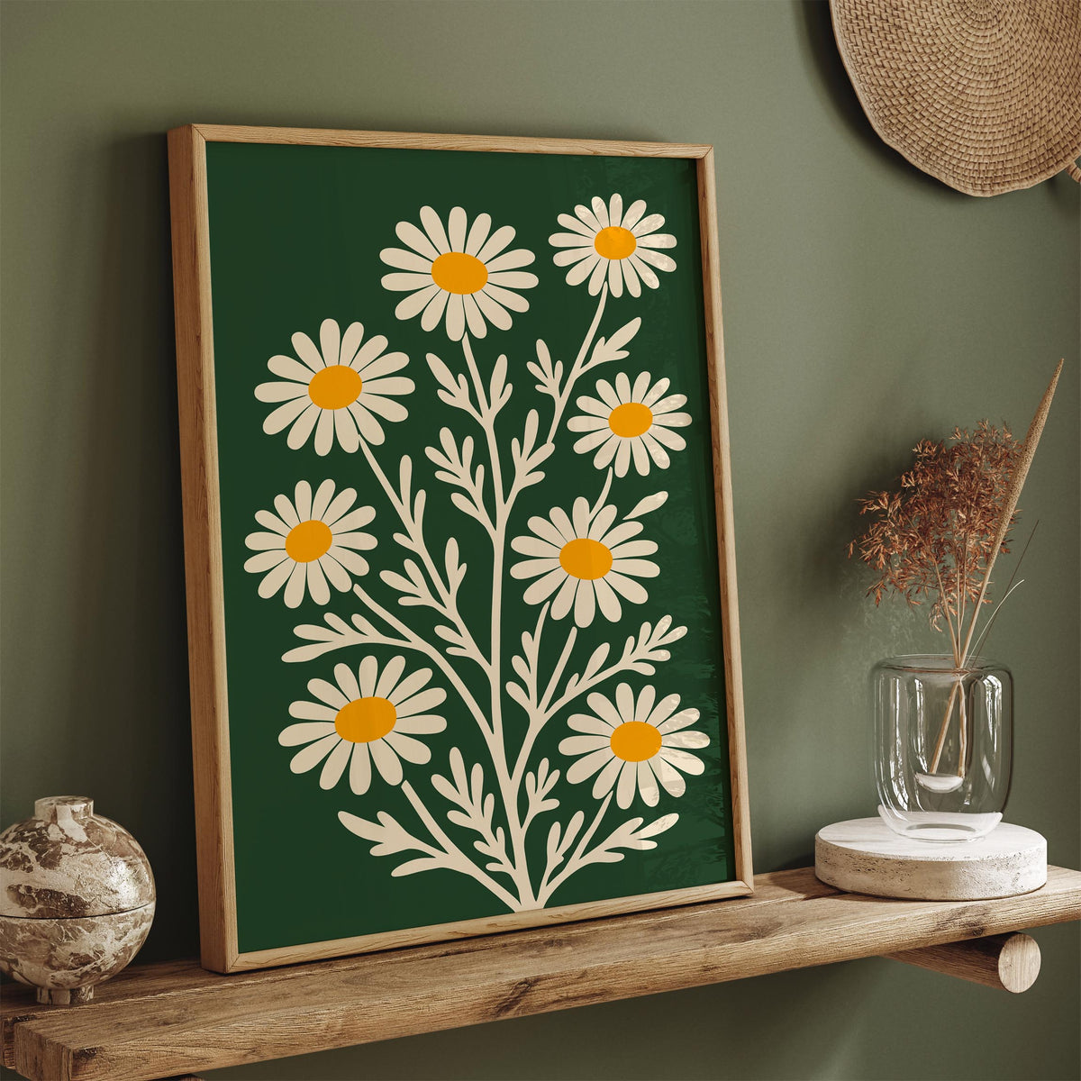 Retro Daisy Poster – Green Floral Wall Art