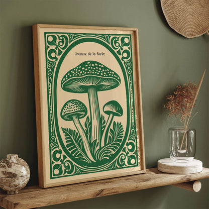 Forest Gems Green Linocut Mushroom Poster