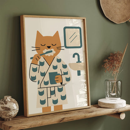 Cat Brushing Teeth Poster - Bathroom Wall Decor