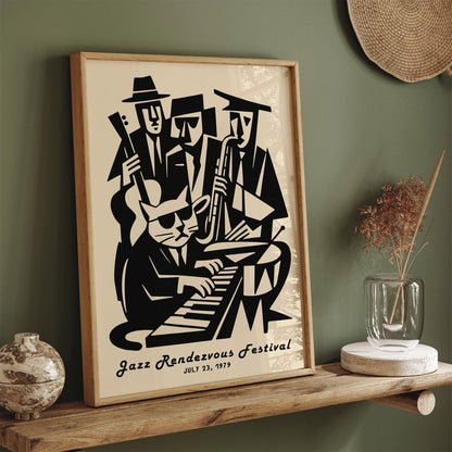 Jazz Randezvous Festival Poster - Funny Cat Musician & His Band Print