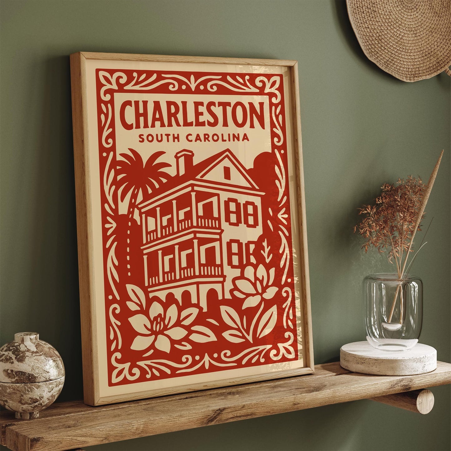 Charleston South Carolina Poster - Red Cityscape Travel Art